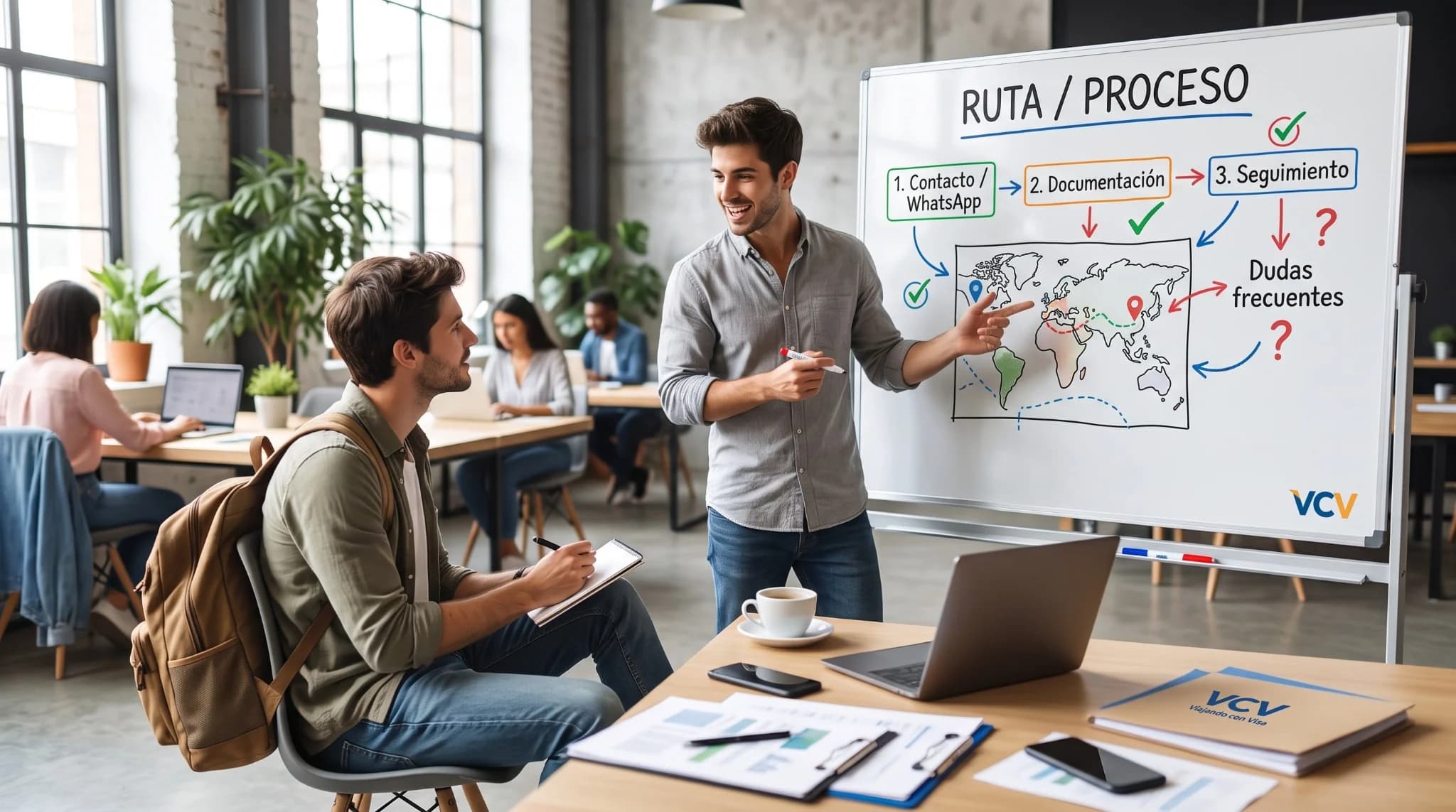 Escena ilustrativa de dos personas conversando junto a una pizarra de viaje